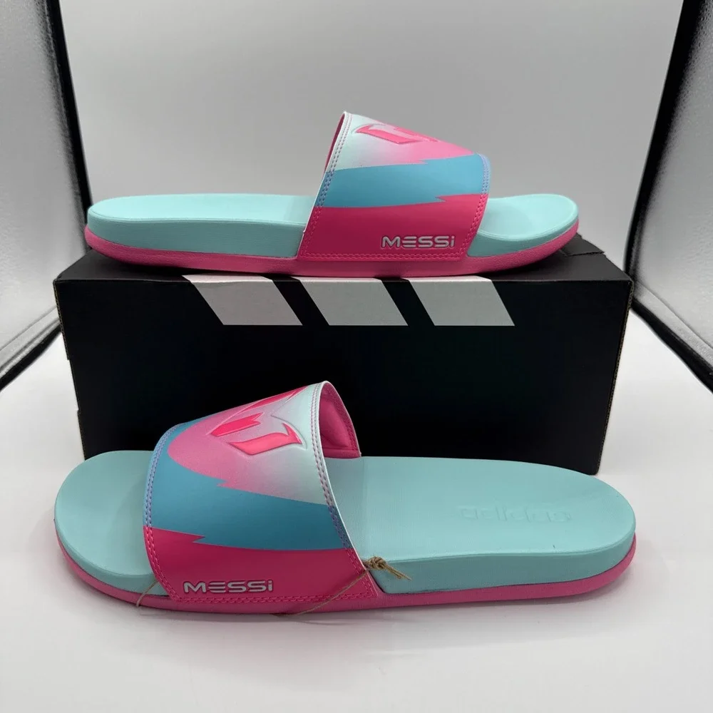 Adidas Messi Slides Men's Size 11 Sandals Pink Blue Adilette Comfort JR6326